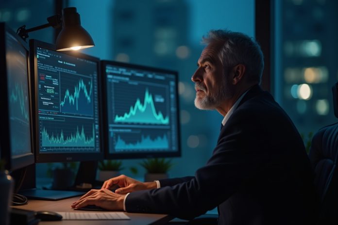 Бизнесмен анализирует связь между деньгами и целями за рабочим столом с финансовыми графиками