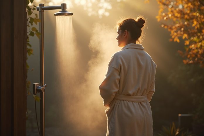 Человек возле душа на улице демонстрирует типичные ошибки при закаливании: нерешительность и неправильный подход