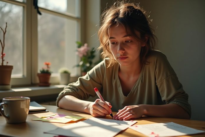 Человек расставляет приоритеты и цели, вычеркивая задачи из списка дел в солнечном офисе