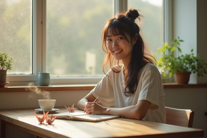 Концепция икигай и преодоление лени: человек пишет в дневнике у окна в японском минималистичном интерьере