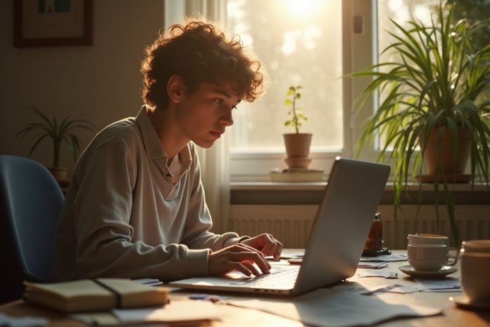 Человек за рабочим столом находит мотивацию к действию в утренних лучах солнца