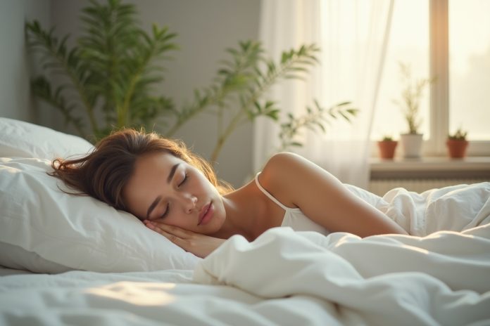 Спокойная женщина спит в светлой спальне, иллюстрируя здоровый сон как средство борьбы со стрессом