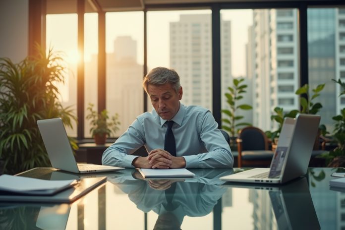 Бизнесмен за рабочим столом, визуально разделенным на рабочую и личную зоны, иллюстрирует баланс работа жизнь