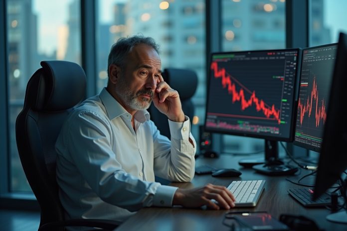 Риски криптовалюты 2025: бизнесмен анализирует падающие графики криптовалют на мониторах в современном офисе
