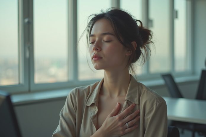 Женщина демонстрирует технику квадрата для снятия стресса в современном офисе у окна