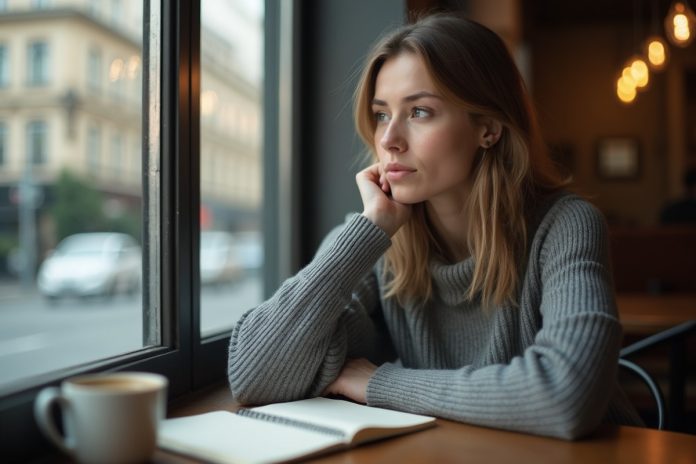 Женщина ищет социальную поддержку при эмоциональном выгорании, задумчиво глядя в окно кафе с чашкой кофе