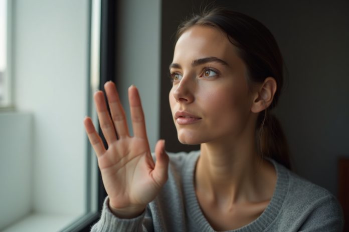 Женщина демонстрирует установление границ в отношениях через уверенный, но мягкий жест рукой