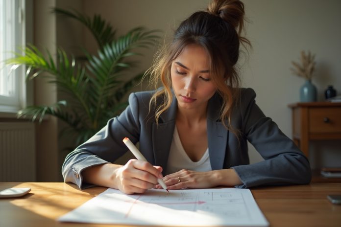 Женщина устанавливает личные границы, рисуя линию на бумаге в домашнем офисе