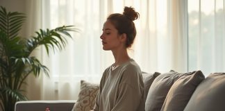 Медитация для снижения стресса в домашних условиях: пошагово Женщина практикует медитацию для снижения стресса в домашних условиях, сидя в удобной позе у окна