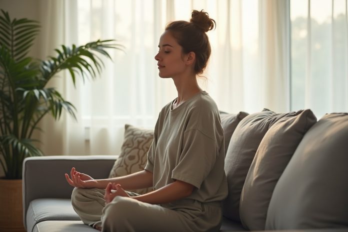 Женщина практикует медитацию для снижения стресса в домашних условиях, сидя в удобной позе у окна