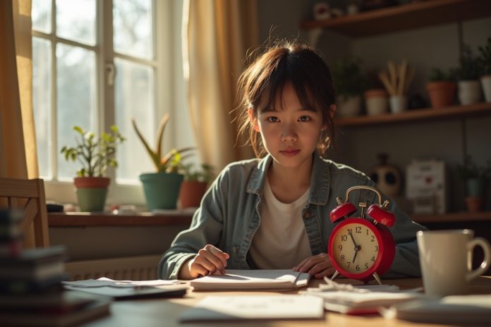 Техника помидора против бездействия: человек работает за столом с красным таймером в форме помидора