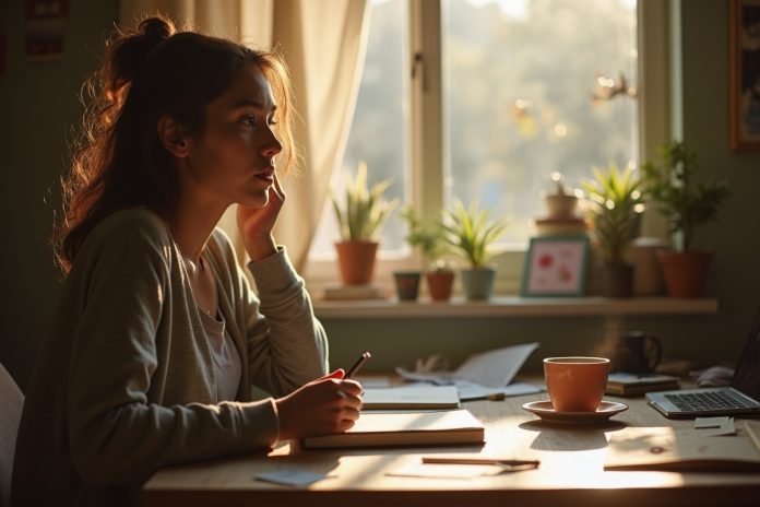 Эффективное планирование дня за рабочим столом: человек с ежедневником в уютной домашней обстановке