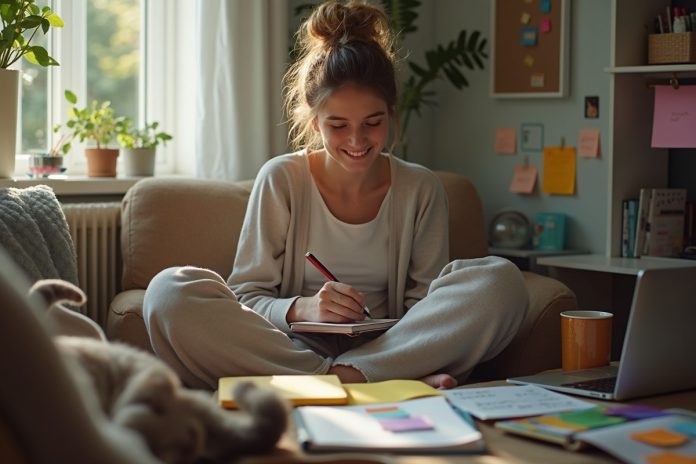 Система вознаграждений против лени: человек ведет дневник достижений в уютной домашней обстановке