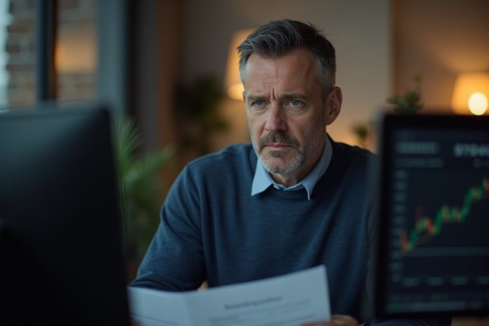 Учет расходов: мужчина анализирует финансовые документы за рабочим столом при вечернем освещении