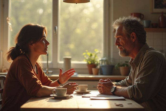 Пара ведет конструктивный диалог без ссор за утренним кофе, демонстрируя навыки здорового общения