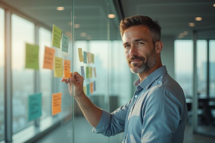 Бизнесмен применяет современные методы тайм-менеджмента, работая с цифровой системой планирования