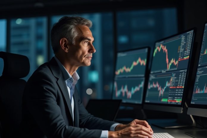 Влияние инфляции на инвестиции для начинающих: бизнесмен анализирует финансовые графики на фоне городских огней