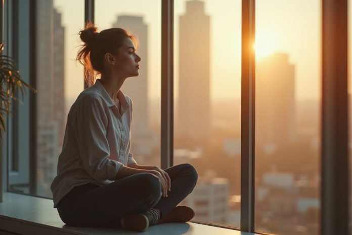 Женщина демонстрирует, как отдыхать правильно, расслабленно сидя у панорамного окна в лучах заката