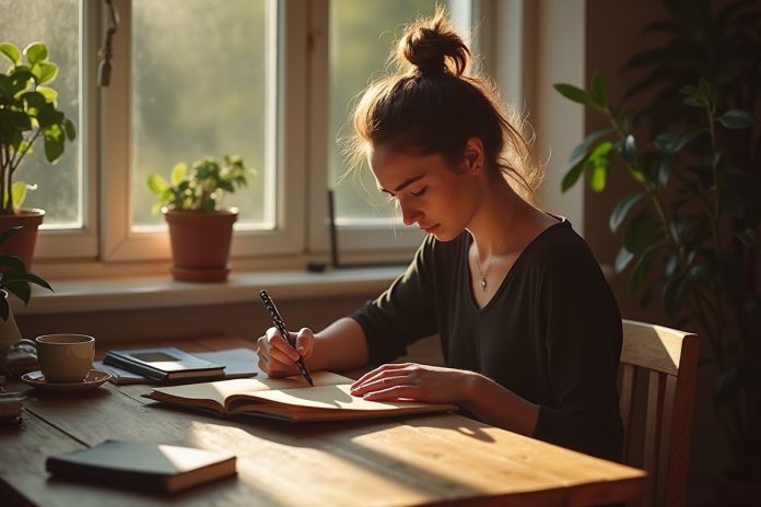 Женщина ведет дневник чтобы справиться со стрессом, сидя за столом в луче солнечного света