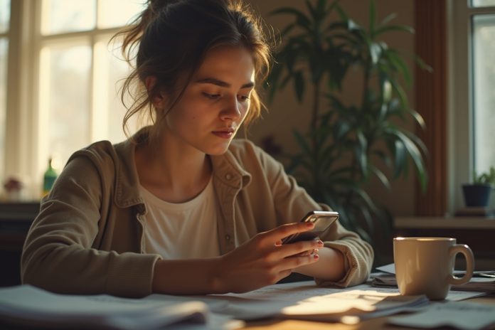 Человек использует метод 10 минут для борьбы с ленью: таймер на телефоне и решительный взгляд