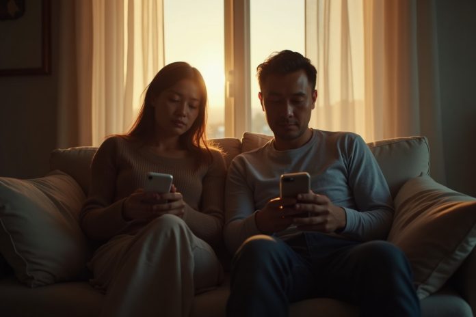Проблемы в коммуникации: 3 ошибки после 5 лет брака — пара сидит на диване, погруженная в телефоны