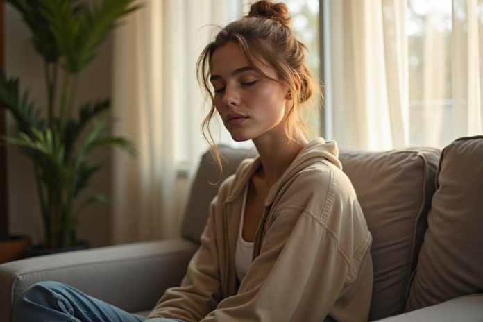 Женщина практикует майндфулнесс техники для снижения тревожности в спокойной домашней обстановке