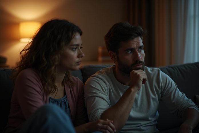Эмоциональное отдаление: почему партнеры замолкают — пара сидит на диване, глядя в разные стороны