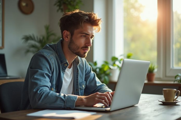 Профессионал использует тайм-блокинг: работа за ноутбуком с календарем, разделенным на цветные временные блоки