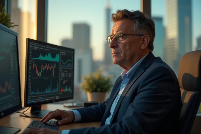 Опытный инвестор показывает, как начать инвестировать в акции без опыта, анализируя графики на мониторах