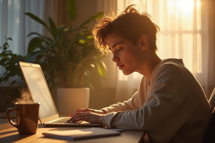 Человек применяет метод лягушки за рабочим столом ранним утром с чашкой кофе