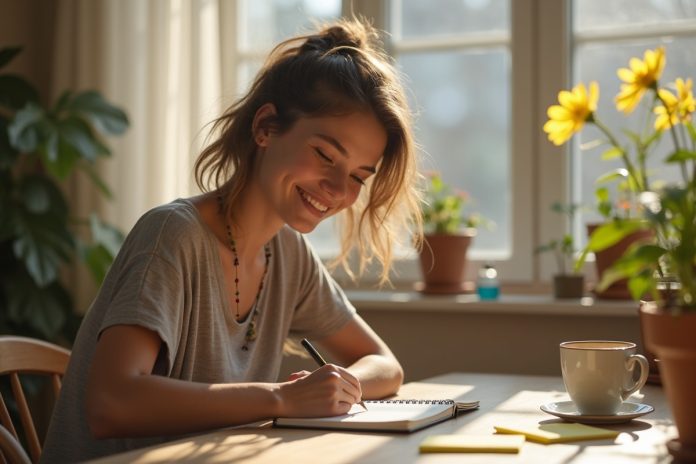 Привычки продуктивных людей: человек ведет дневник планирования в уютной рабочей обстановке