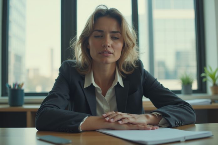 Женщина выполняет физические упражнения от стресса без тренажерного зала в офисе, демонстрируя технику растяжки