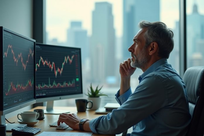 Ошибки новичков в инвестировании и как их избежать: бизнесмен анализирует финансовые графики за рабочим столом