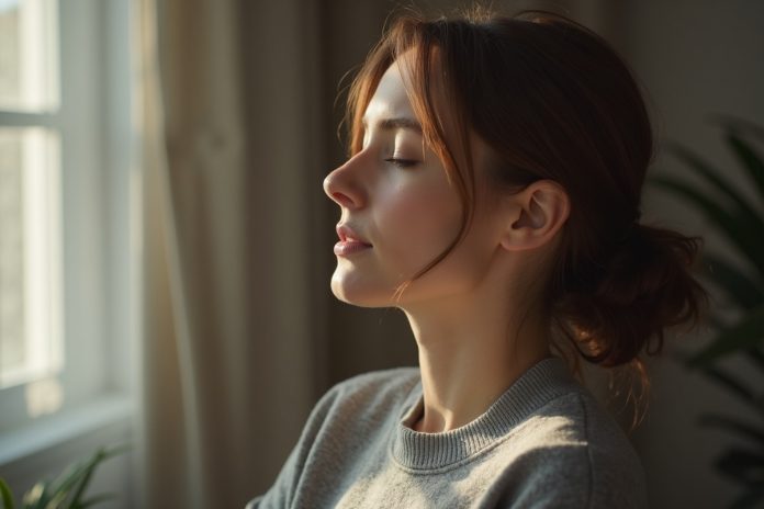 Женщина демонстрирует, как применять дыхательные упражнения при панической атаке, выполняя технику глубокого дыхания