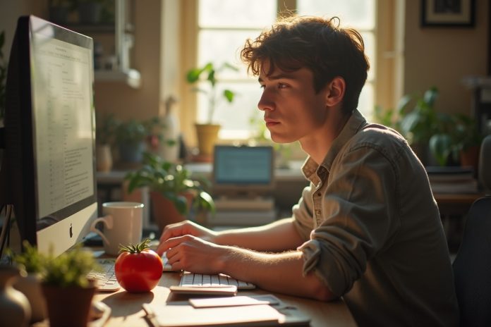 Метод помодоро: красный кухонный таймер на рабочем столе в окружении ноутбука и чашки кофе