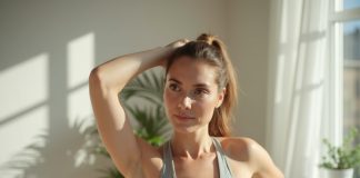 Физические упражнения дома: Снижение стресса за 20 минут Женщина демонстрирует, как бороться со стрессом физическими упражнениями дома, выполняя растяжку в утреннем свете