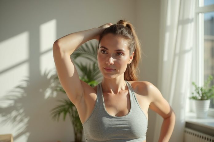 Женщина демонстрирует, как бороться со стрессом физическими упражнениями дома, выполняя растяжку в утреннем свете