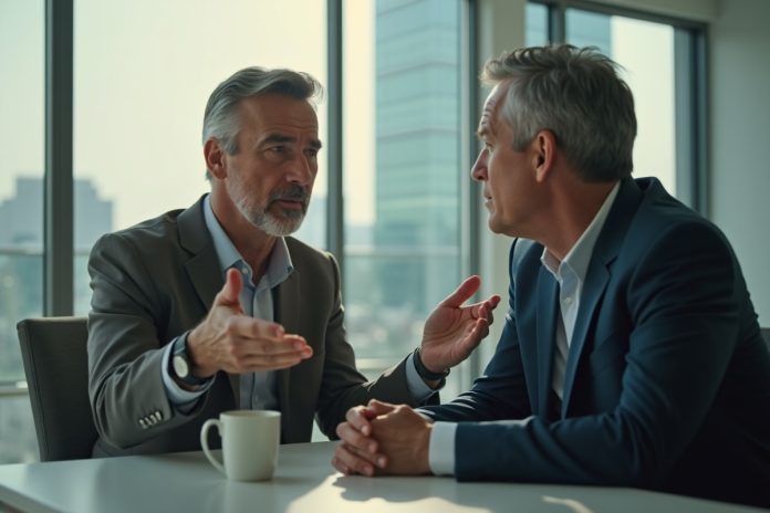 Финансовые конфликты: топ-3 метода решения показаны через деловые переговоры двух бизнесменов за столом