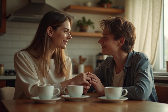 Пара преодолевает кризис 5 лет в браке: искренний момент общения за утренним кофе