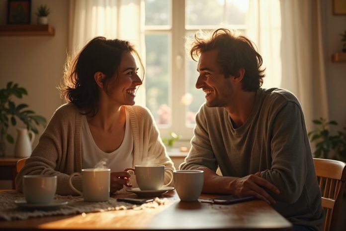 Как вернуть близость: 7 дней без рутины - пара делится искренним смехом за утренним кофе на уютной кухне