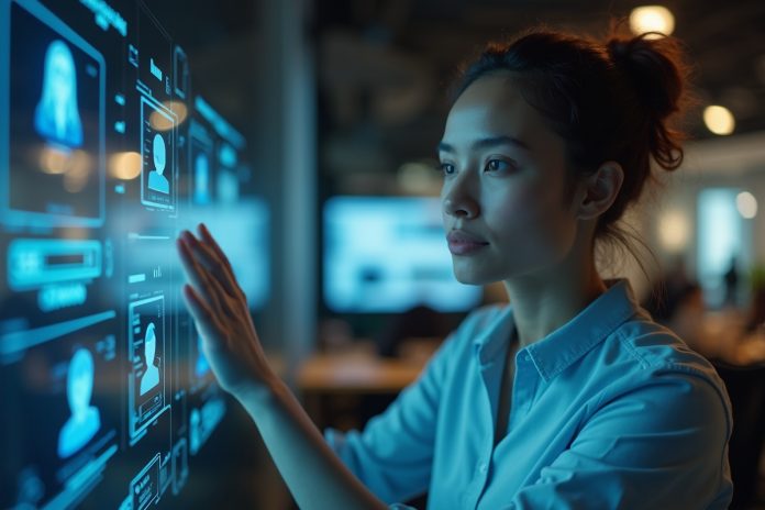 AI-ассистенты в работе: человек взаимодействует с голографическими экранами в современном офисе