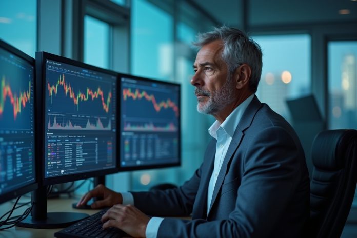 Бычий колл-спред: трейдер анализирует графики опционных стратегий на мониторах в современном офисе