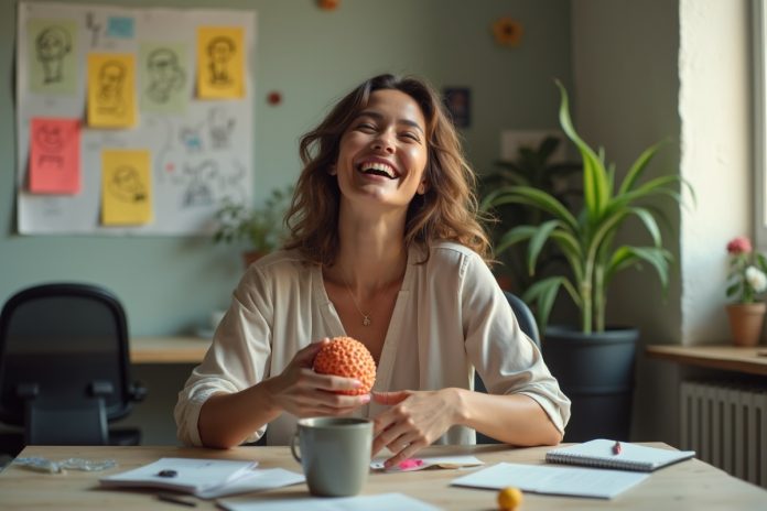 Женщина на рабочем месте демонстрирует, как использовать юмор чтобы справиться со стрессом через искренний смех