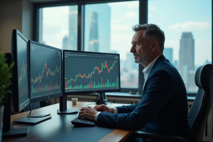 Стратегия инвестиций в криптовалюту: бизнесмен анализирует графики на мониторах в современном офисе