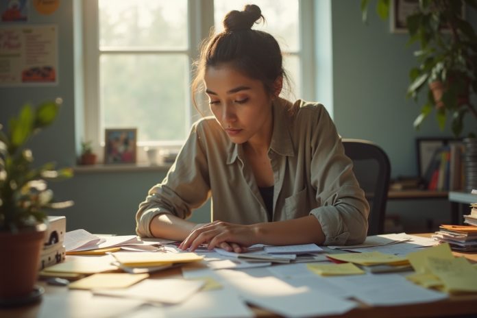Человек применяет метод автофокуса за рабочим столом, сортируя задачи в списке дел