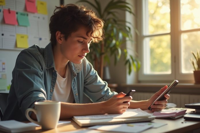 Система тайм-менеджмент и прокрастинация: человек за рабочим столом с календарем и таймером