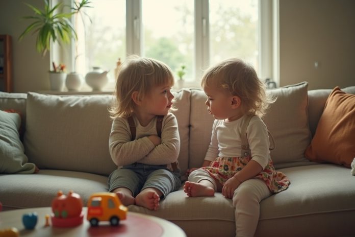Сиблинговая ревность: старший ребёнок и малыш на диване демонстрируют сложные взаимоотношения