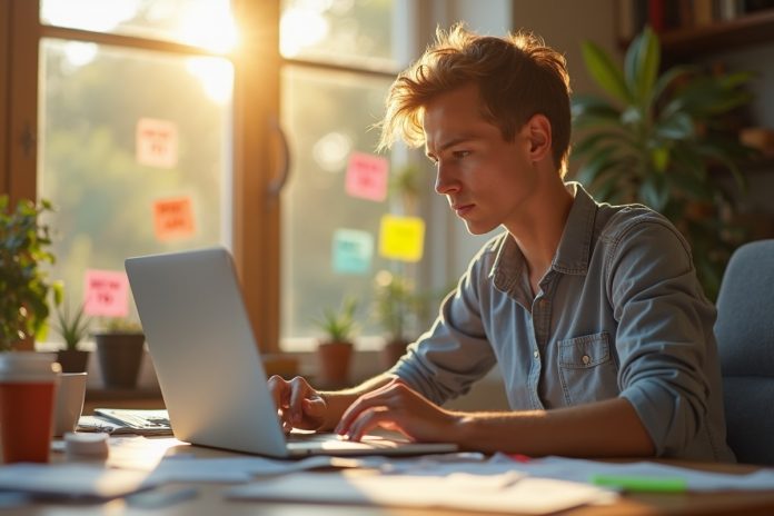 Рабочий стол с ноутбуком и стикерами: искусственные дедлайны против прокрастинации в действии