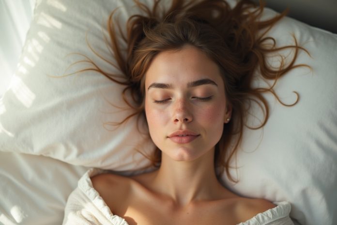 Умиротворенная женщина демонстрирует, как высыпаться правильно, лежа на белоснежной постели в утреннем свете