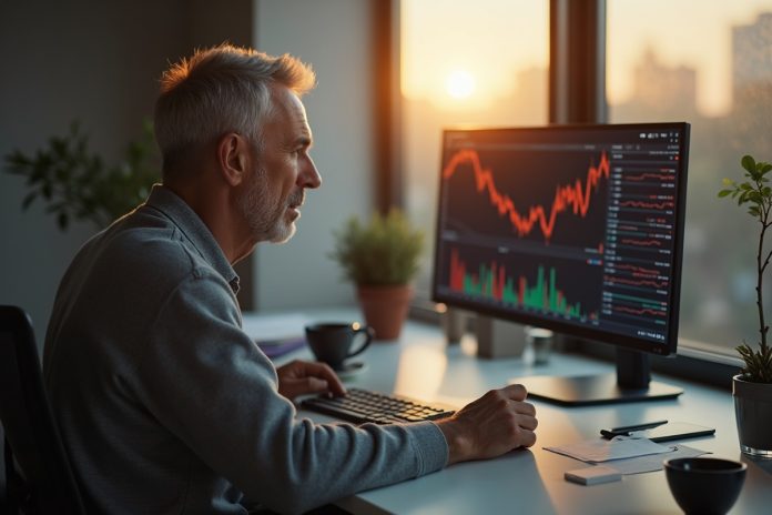 Мужчина анализирует графики, демонстрируя правильные финансовые привычки в домашнем офисе